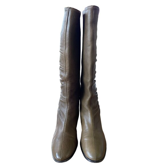 SOLD! Choo Woman's 7.5 Gathered LEATHER Riding Boots Knee High Flat Tall Brown - Picture 3 of 9